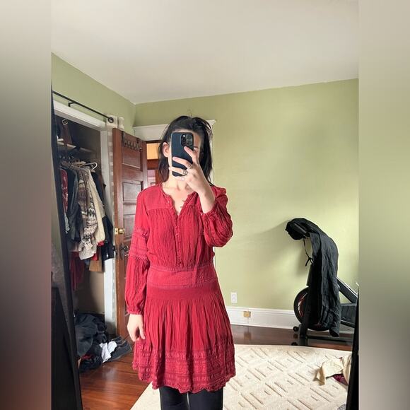 Sea New York azzedine dress red bohemian embroidered smocked drop waist pin tuck - Picture 3 of 9